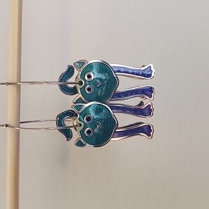 Edgar Berebi Earrings Cat Silver Hoop 3D Teal Blue Articulated Dangle Kitty